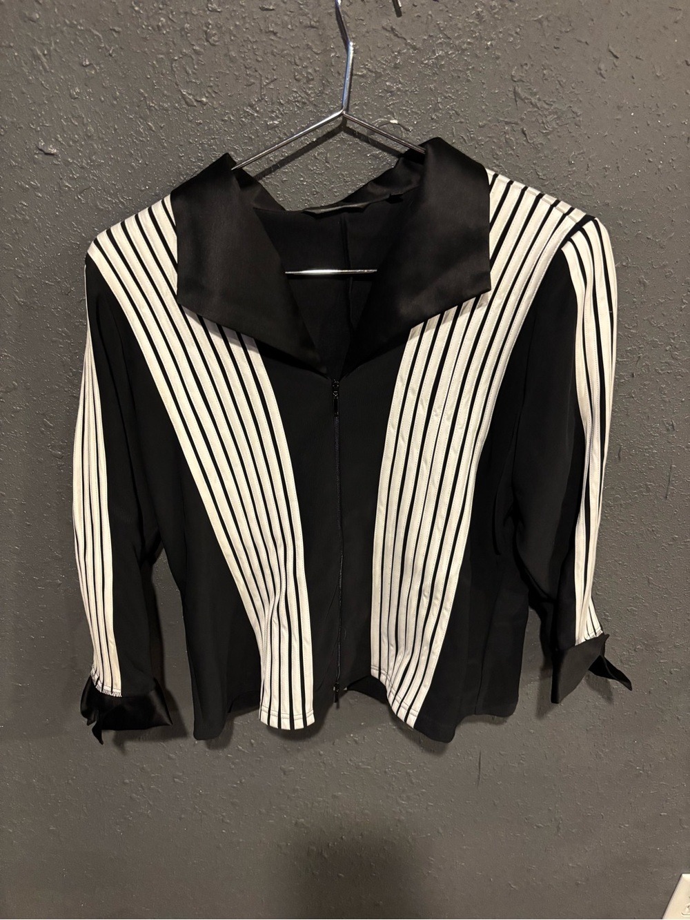 Samuel Dong Black Blouse with White Vertical Stripe Panels